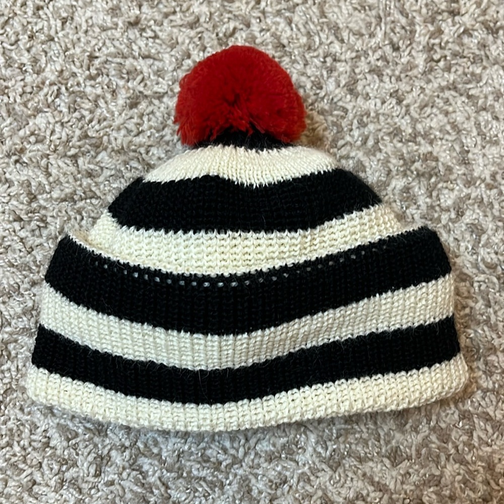 Heimat 100% Virgin Wool Jail House Stripe Beanie Deck Hat w/ Red Pom